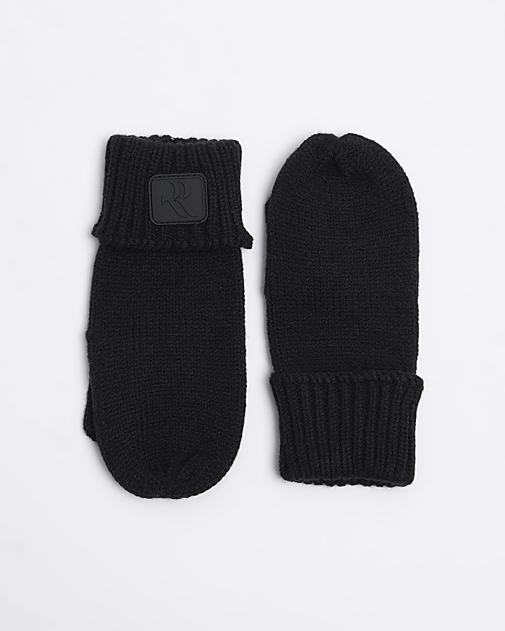 Mini Boys Black Rubber Patch knitted Mittens