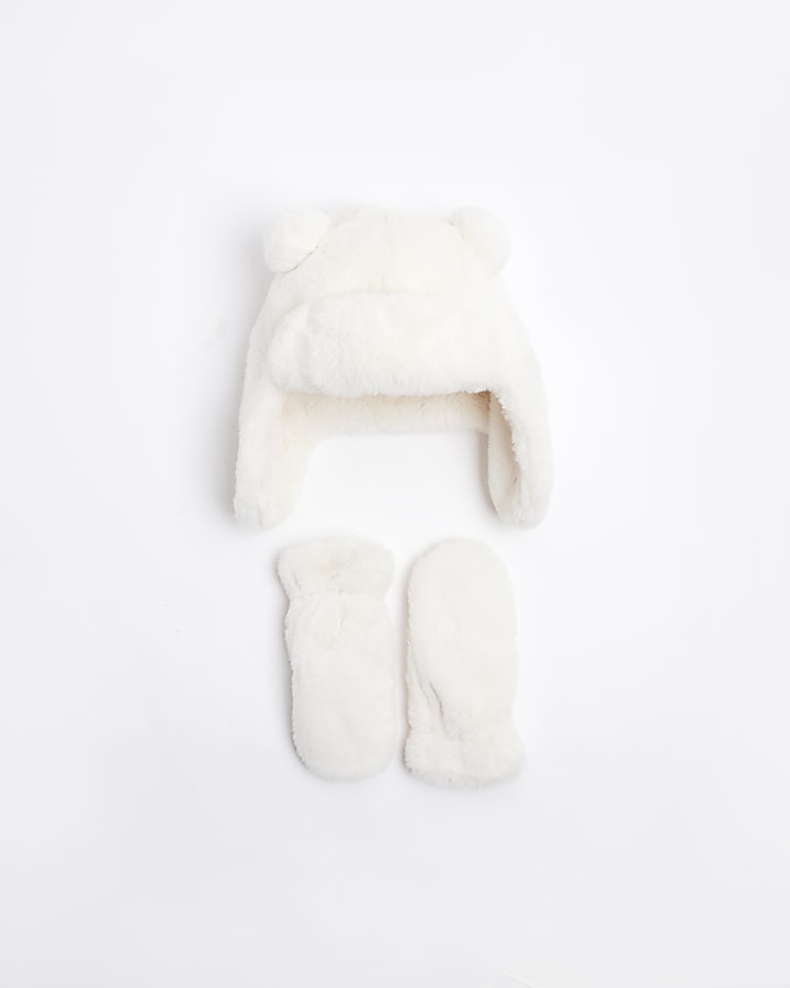 Mini Girls Cream Trapper Hat and Gloves Set