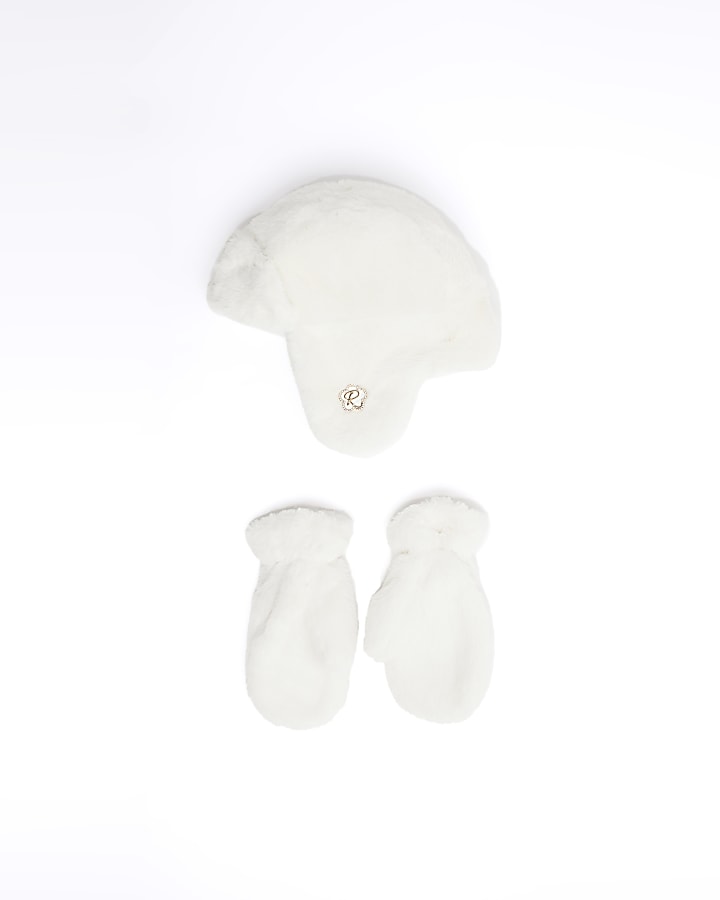Girls cream faux fur hat and mittens set