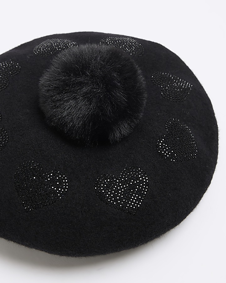 Girls black heart pom pom beret hat
