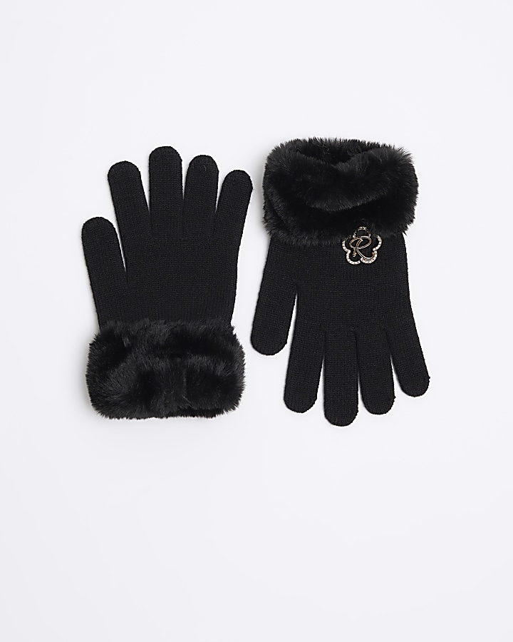 Girls black faux fur trim gloves River Island
