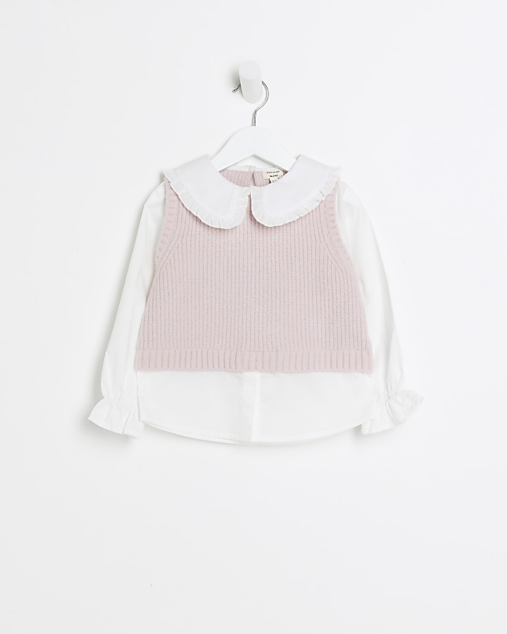 Mini girls pink collared knitted vest