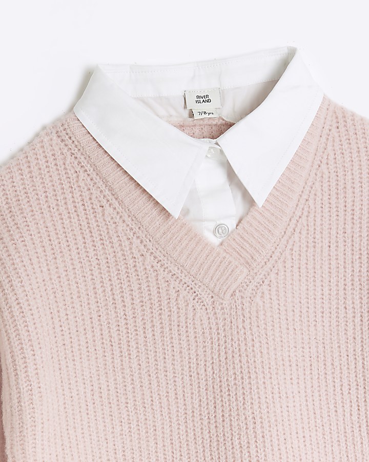 Girls pink knitted hybrid shirt jumper dress | River Island