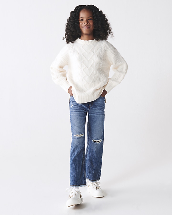 Girls beige chunky cable jumper