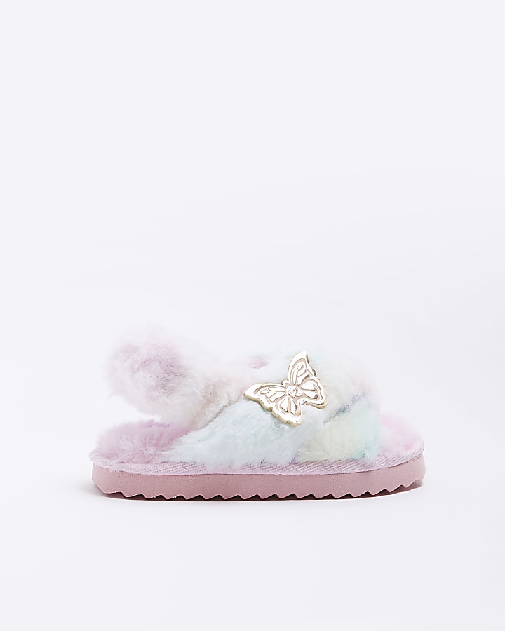 Mini girls pink faux fur slippers