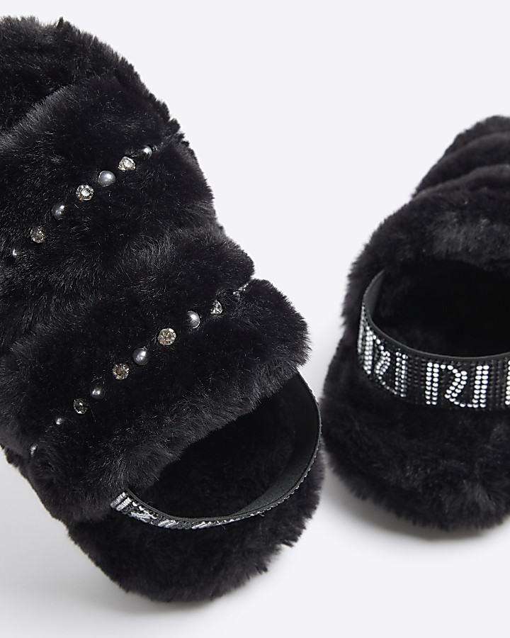 Girls Black Faux Fur Pearl Diamante Slippers