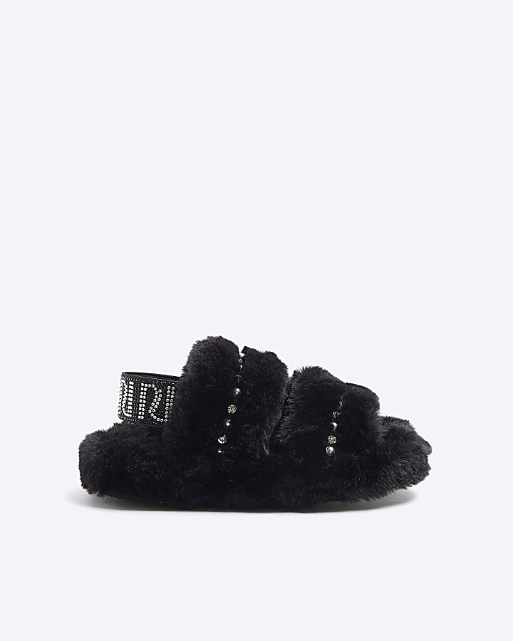 Girls Black Faux Fur Pearl Diamante Slippers