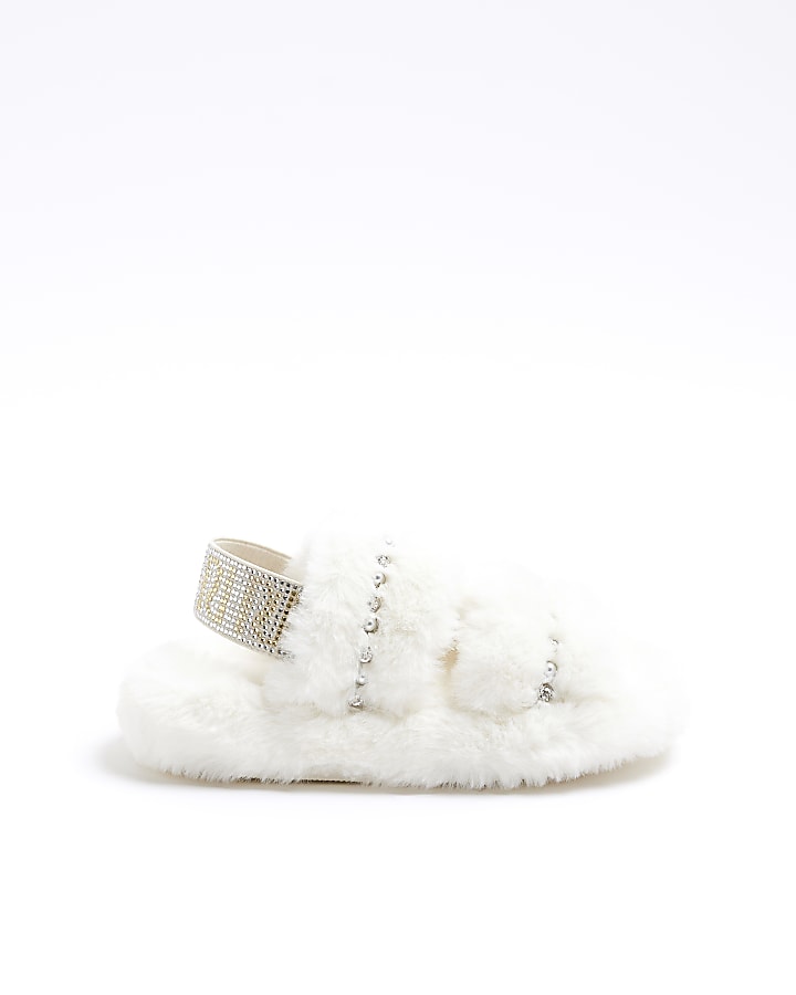Girls cream faux fur diamante slippers | River Island