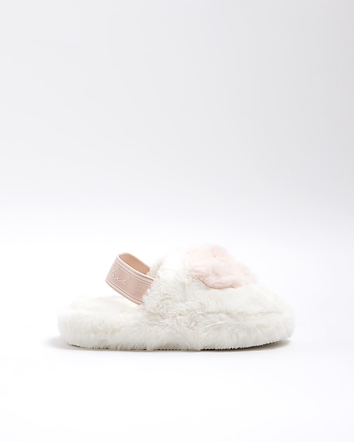 Girls Cream Faux Fur Heart Mule Slippers