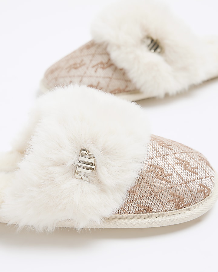 Girls beige jacquard faux fur slippers