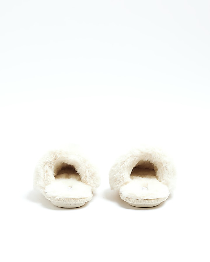 Girls beige jacquard faux fur slippers
