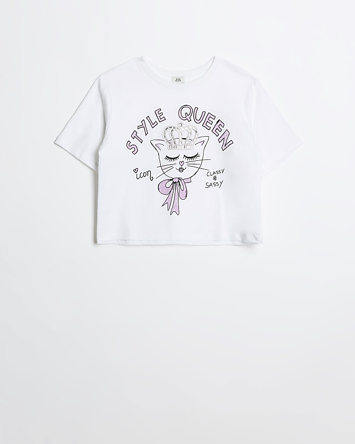 Girls white cat print crop t-shirt