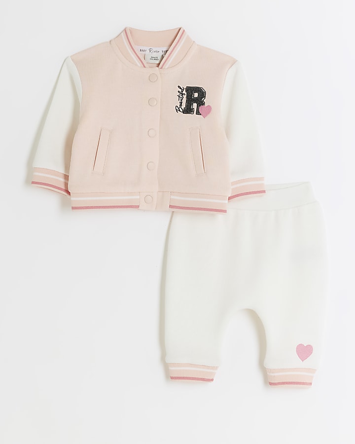 Baby girls pink varsity bomber jacket set River Island