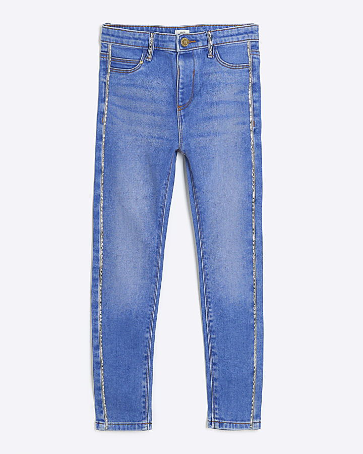 Girls blue embellished skinny jeans