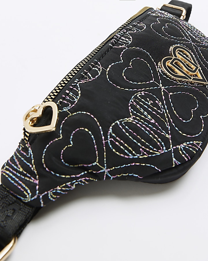 Girls black embroidered heart sling bag