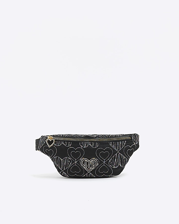 Girls black embroidered heart sling bag