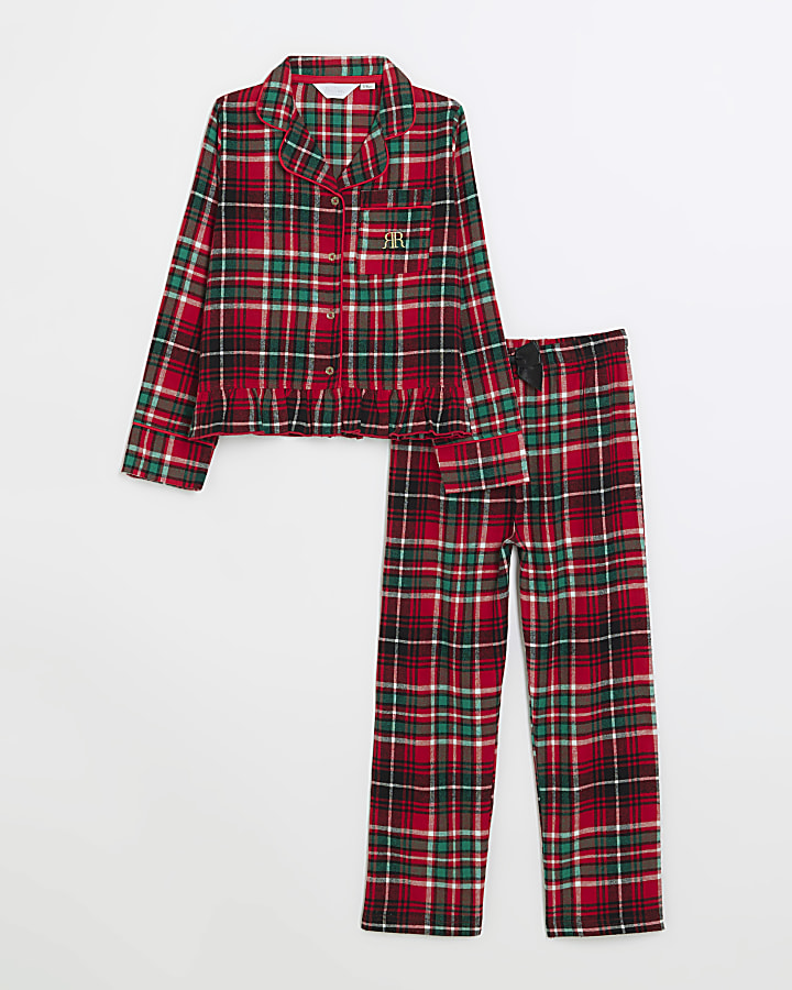 Girls red check frill pyjama set