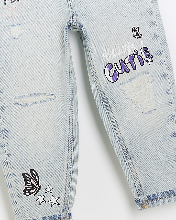 Mini girls blue graffiti mom jeans