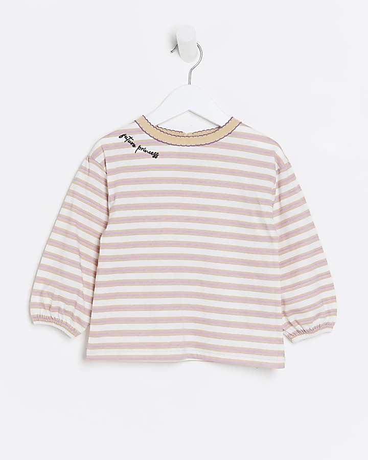 Mini girls ecru stripe long sleeve t-shirt