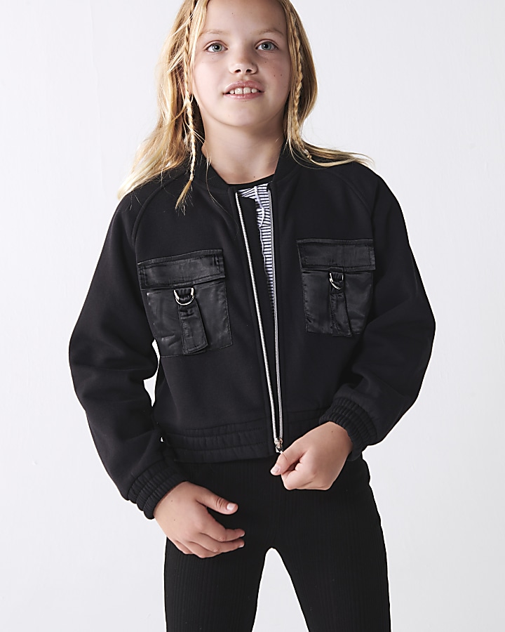 Girls black cargo bomber jacket | River Island