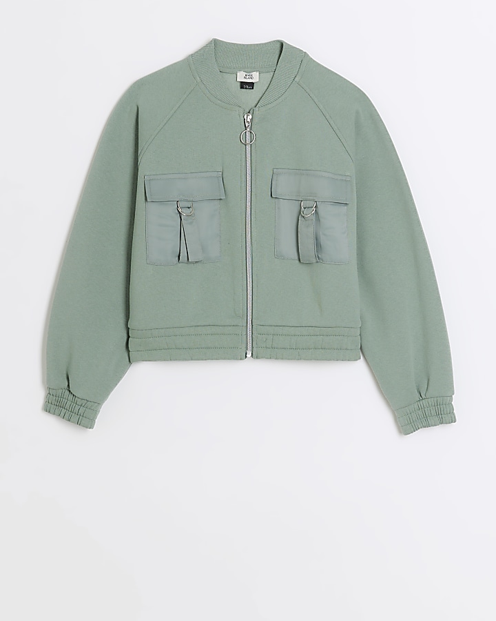 Girls khaki zip up cargo bomber jacket | River Island