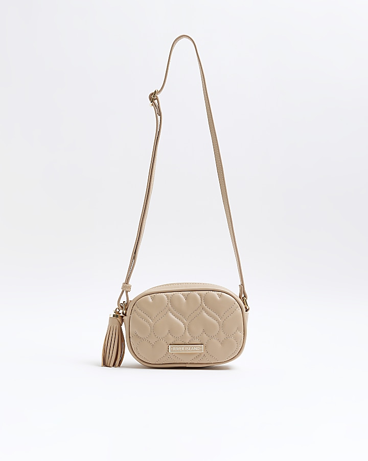 Girls Beige heart quilted cross body bag