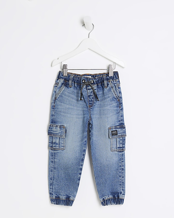 Mini boys blue cargo denim joggers | River Island