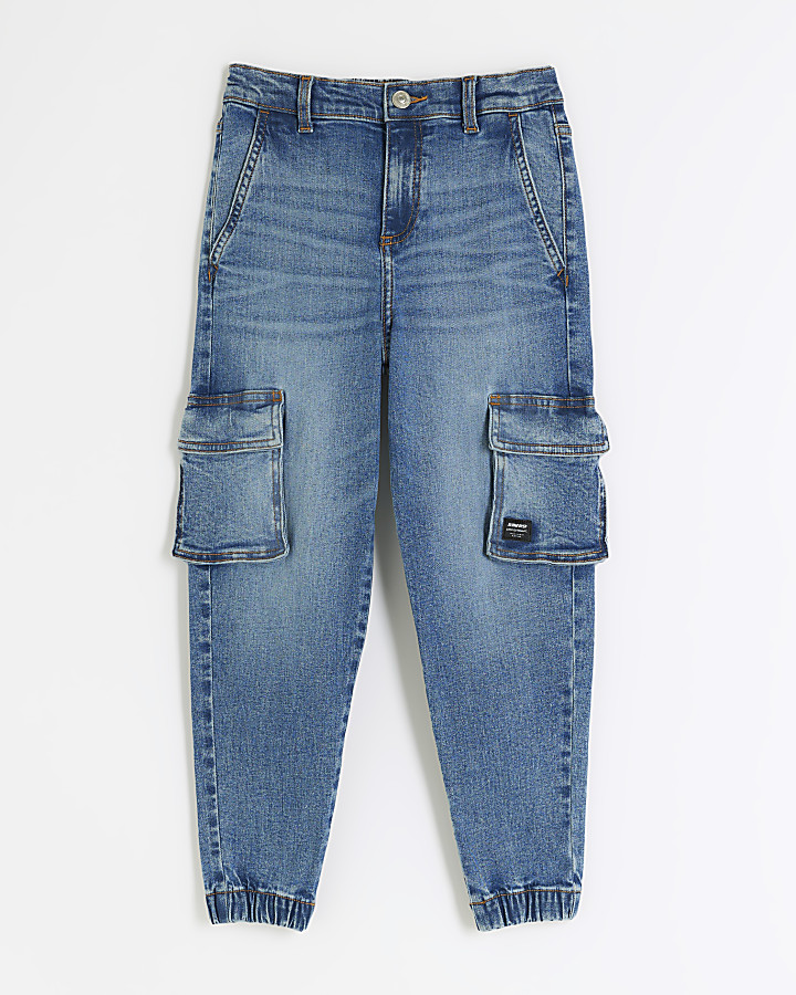 Boys blue cargo denim joggers | River Island