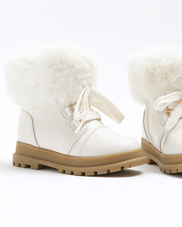 Mini girls cream faux fur trim hiker boots | River Island