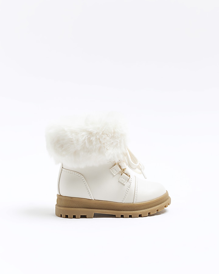 Mini girls cream faux fur trim hiker boots | River Island