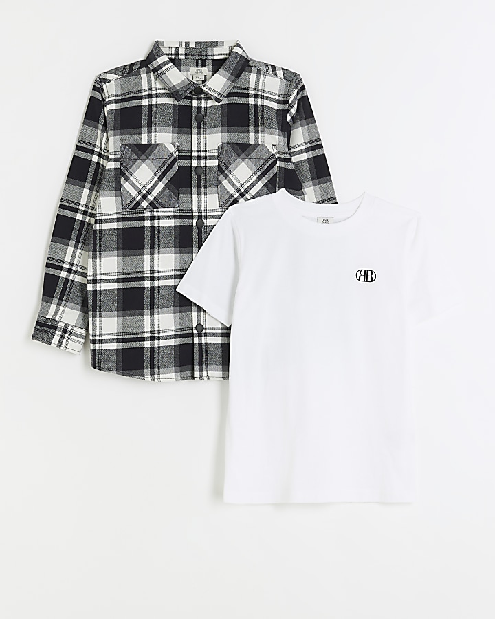 Boys Black Check Shirt and T-shirt Set