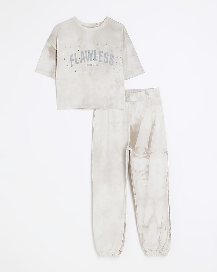 Girls beige tie dye t-shirt and joggers set