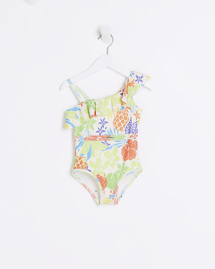 Mini girls white floral frill swimsuit