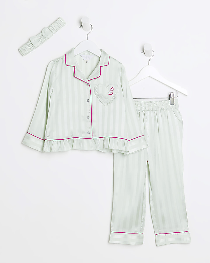 Mini girls green stripe peplum satin pyjamas