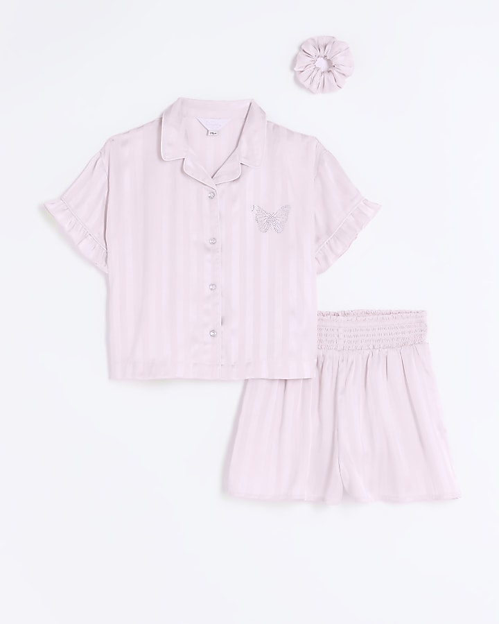 Girls pink satin stripe short pyjama set