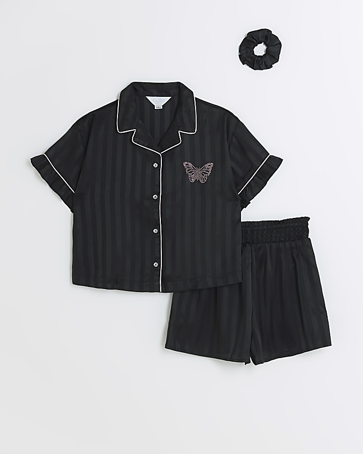 Girls black satin stripe butterfly pyjama set