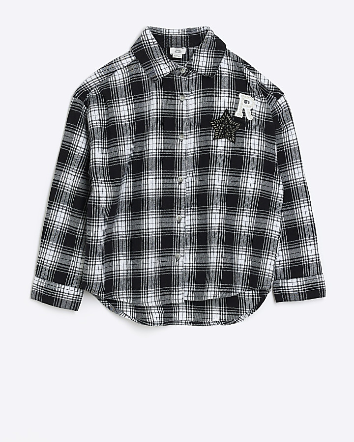 Girls black check embellished oversized shirt