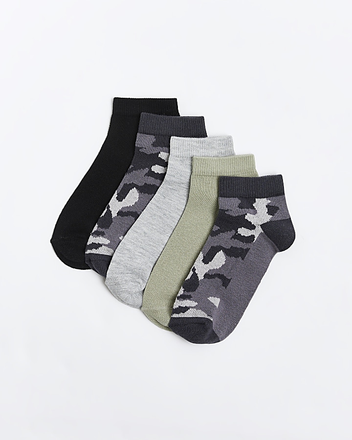 Boys khaki camo trainer socks 5 pack