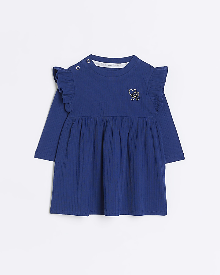 Baby girls navy rib long sleeve dress