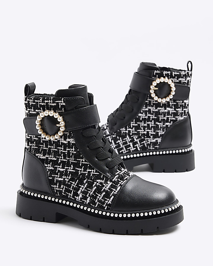 Girls black boucle pearl buckle boots | River Island