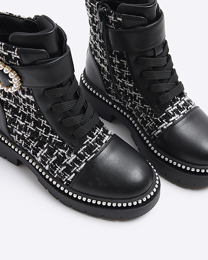 Girls black boucle pearl buckle boots | River Island