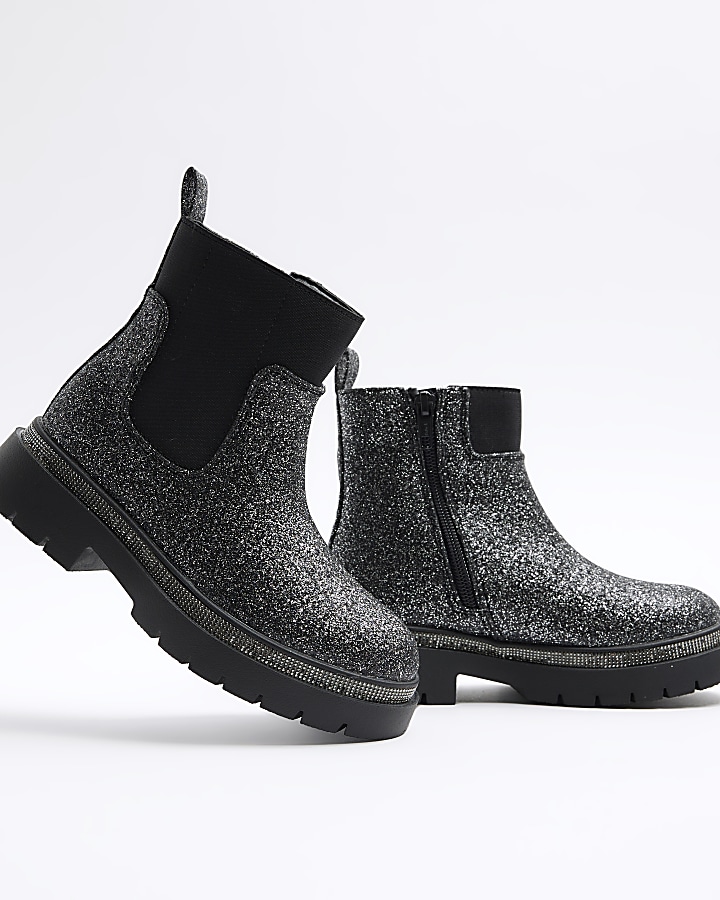 Girls black glitter Chelsea boots River Island