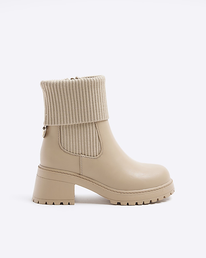 Girls beige knit heeled boots