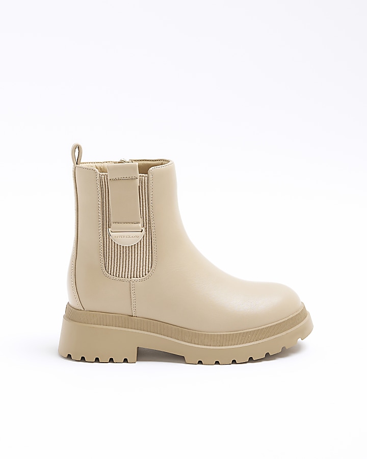 Girls beige wide fit chelsea boots | River Island