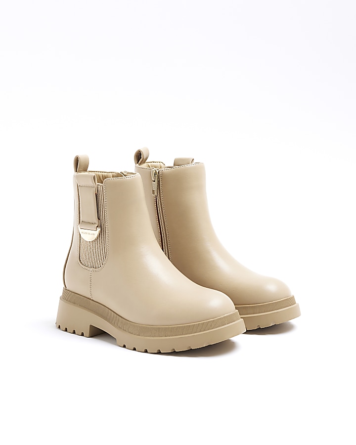 Girls beige wide fit chelsea boots | River Island