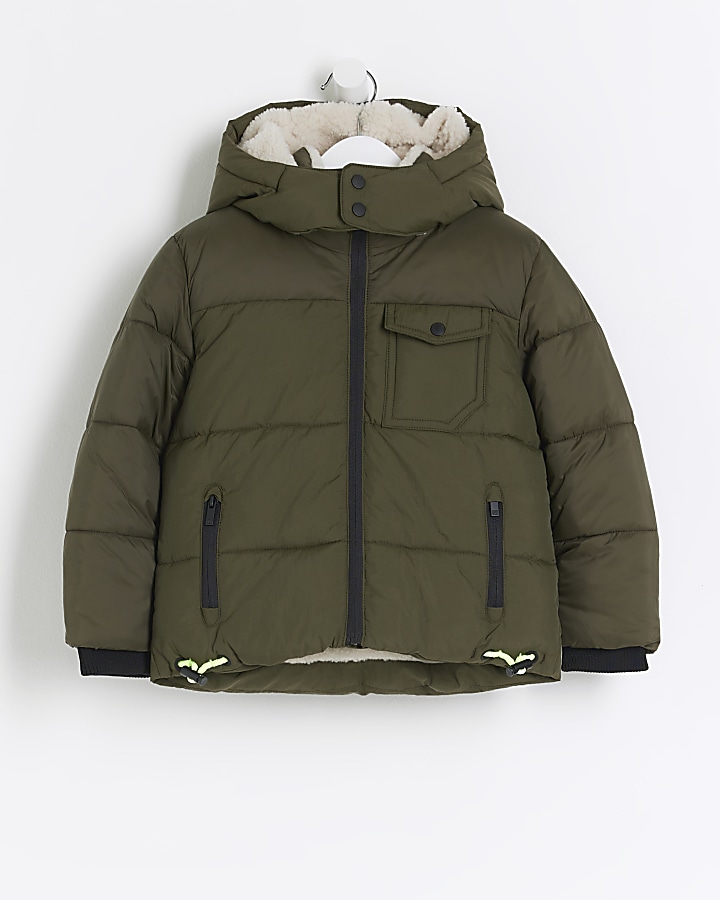 Mini boys khaki borg trim puffer coat | River Island