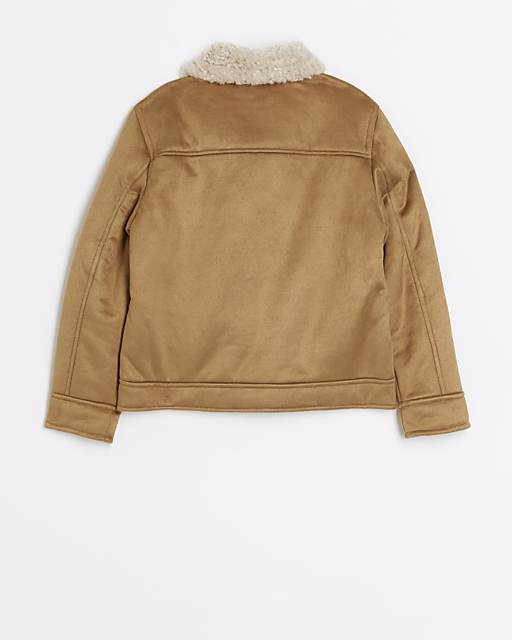Boys brown suedette shearling jacket | River Island