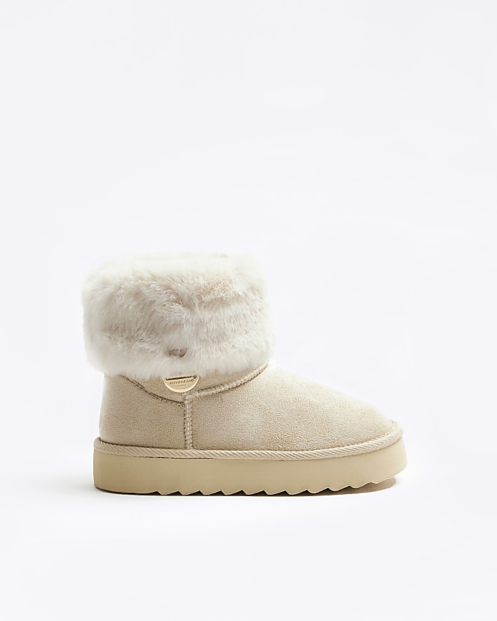 Girls beige Faux Fur Lining Wedge Boots