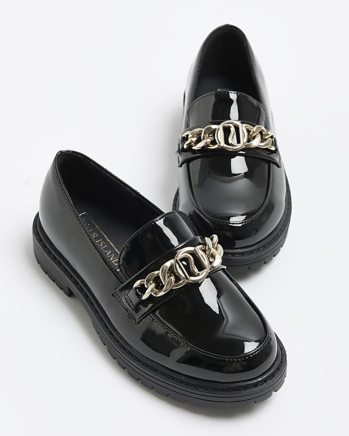 Girls black chunky chain patent loafers