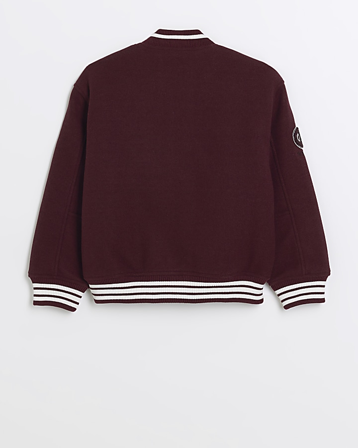 Boys red varsity bomber jacket River Island